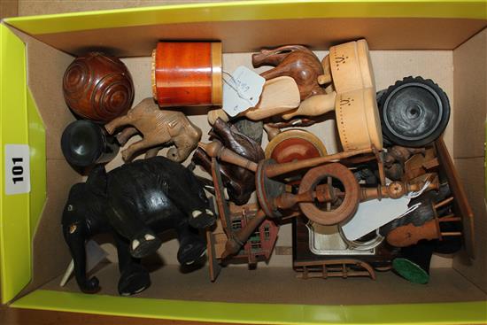 Collection carved wood & treen models, inc miniature bears, nest of boxes, souvenir items etc (faults)